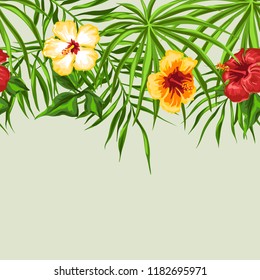 Tropical seamless pattern. Palm leaves and hibiscus flowers.