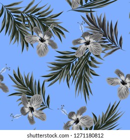 Tropical seamless pattern with palm leaves and hibiscuses. Flower background for textile, cover, wallpaper, gift packaging, printing. Romantic design for calico, silk.