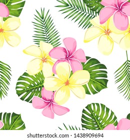 Tropical seamless pattern with palm leaves and flowers. Vector illustration.