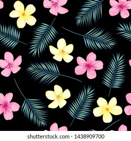 Tropical seamless pattern with palm leaves and flowers. Vector illustration.