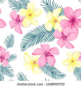 Tropical seamless pattern with palm leaves and flowers. Vector illustration.