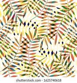 Tropical seamless pattern, palm leaves vector floral background. Exotic plant leaf print illustration. Summer jungle print. Leaves of palm tree minimal textile design