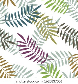 Tropical seamless pattern, palm leaves vector floral background. Exotic plant leaf print illustration. Summer jungle print. Leaves of palm tree minimal textile design