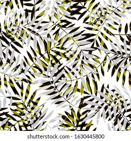 Tropical seamless pattern, palm leaves vector floral background. Exotic plant leaf print illustration. Summer jungle print. Leaves of palm tree minimal textile design