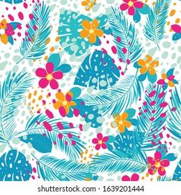 Tropical seamless pattern with palm leaves and flowers. Vector illustration.