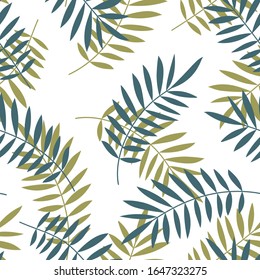 Tropical seamless pattern, palm leaves vector floral background. Exotic plant leaf print illustration. Summer jungle print. Leaves of palm tree minimal textile design