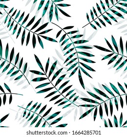 Tropical seamless pattern, palm leaves vector floral background. Exotic plant leaf print illustration. Summer jungle print. Leaves of palm tree minimal textile design