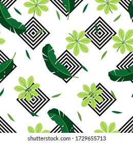 Tropisches nahtloses Muster mit Palmblättern. Vector Abbildung mit grünen Blättern auf weißem Hintergrund. Exotische Tapete des Sommers. Für Web-Design, Banner, Scrapbooking, Druck auf Stoff, Verpackung.