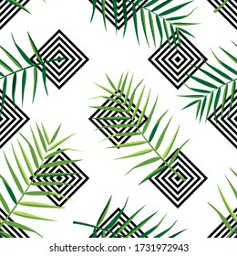 Tropical seamless pattern with palm leaves. Vector illustration on white background. Exotic wallpaper with geometric pattern. For web design, banners, scrapbooking, printing on fabric, wrapping.