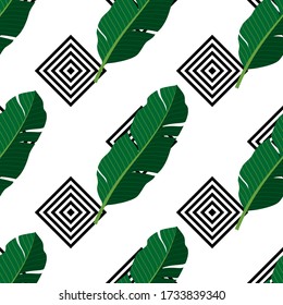 Patrón tropical sin costuras con hojas de palma sobre fondo blanco. Ilustración vectorial del verano. Papel de pared exótico con un patrón geométrico. Para web, banners, scrapbooking, impresión en tela, envoltura.