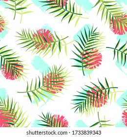 Tropical seamless pattern with palm leaves and red flowers on white background. Vector illustration of summer. Exotic wallpaper. For web design, banners, scrapbooking, printing on fabric, wrapping.