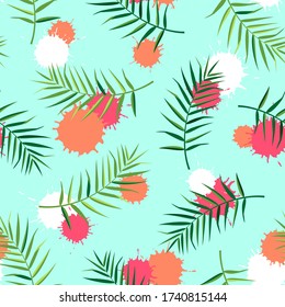 Tropical seamless pattern with palm leaves. Vector illustration of summer. Exotic wallpaper with colorful blots on blue background. For web design, banners, scrapbooking, printing on fabric, wrapping.