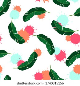 Tropical seamless pattern with palm leaves on white background. Vector isolated illustration of summer. Exotic wallpaper with blots. For web, banners, scrapbooking, printing on fabric, wrapping.