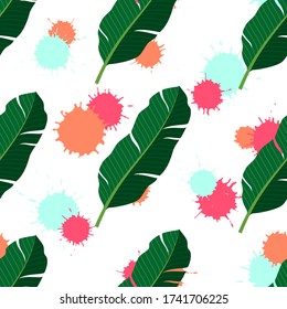Tropical seamless pattern with palm leaves and colourful blots. Vector illustration of summer. Exotic wallpaper on white background. For web design, banners, scrapbooking, printing on fabric, wrapping