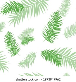 Tropical seamless pattern with palm leaves. Background from green tropical leaves with transparency and overlay. Stylish summer texture. Spring jungle print from tropics. Green palm fabric, textile.