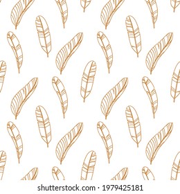 Tropical seamless pattern with palm leaves. Vector illustration. White background with golden elements.