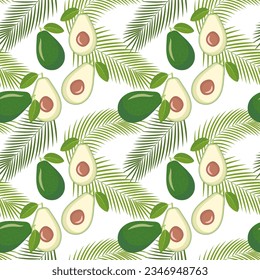Patrón tropical sin costuras de hojas de palma y aguacate. La vegetación exuberante. Fondo blanco