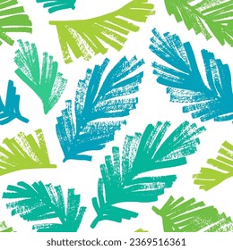 Tropical seamless pattern with palm leaves. Brush drawn palm branches wallpaper in green shades. Exotic colored background in sketch style. Contemporary botanical texture design. Jungle and foliage.