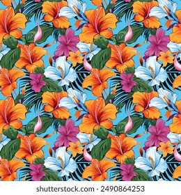 Patrón tropical sin costuras con hojas de palma y flores. Ilustración vectorial.