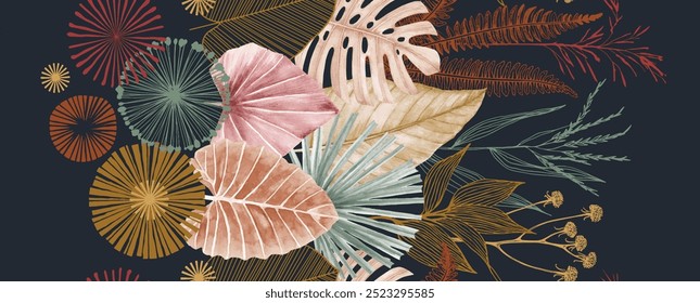 Tropical seamless pattern with palm leaves, banana flower and orchids. Wallpaper drawn in watercolor and pencil.