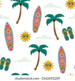 Tropical seamless pattern with palm leaves, surfboard, cloud and sun. Fabric textile print.