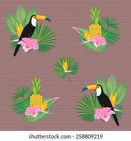 Tropical seamless pattern with palm leaves, pineapple, toucans and exotic flowers. Brown. Vector