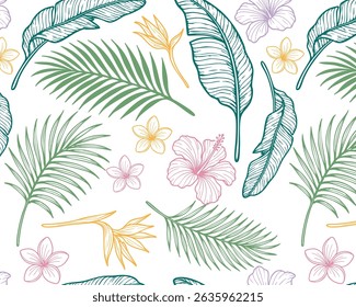 Tropical seamless pattern with palm leaves, banana leaves, hibiscus and plumeria flowers. Colorful botanical design on white background, ideal for summer textiles and wallpapers