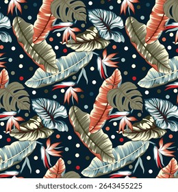 Tropical seamless pattern with palm leaves and flowers. Vector illustration.