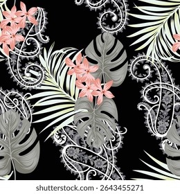 Tropical seamless pattern with palm leaves and flowers. Vector illustration.