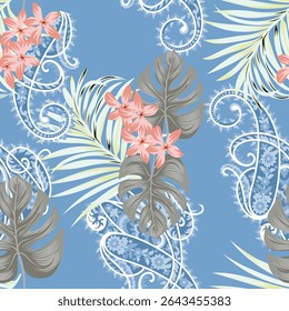 Tropical seamless pattern with palm leaves and flowers. Vector illustration.