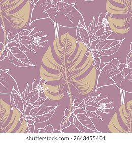 Tropical seamless pattern with palm leaves and flowers. Vector illustration.