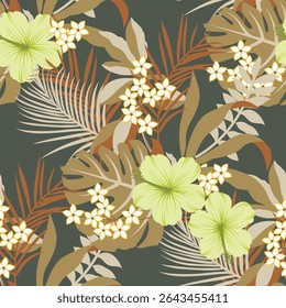 Tropical seamless pattern with palm leaves and flowers. Vector illustration.