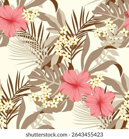 Tropical seamless pattern with palm leaves and flowers. Vector illustration.