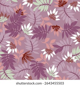 Tropical seamless pattern with palm leaves and flowers. Vector illustration.