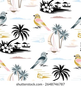 Tropical seamless pattern with palm leaves and flowers. Vector illustration.