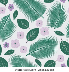 Patrón Tropical Sin Costuras Con Hojas De Palma Y Flores Púrpuras. Perfecto Para Tela, Fondo de pantalla O Fondos Digitales.