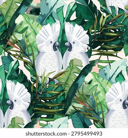 Tropical seamless pattern with palm leaves and parrots. Summer jungle background. Vintage vector illustration. Rainforest hawaiian landscape