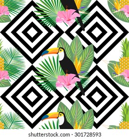 Tropical seamless pattern with palm leaves, pineapple, toucans and exotic flowers. Striped black and white background. Vector.