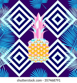 Tropical seamless pattern with palm leaves exotic flowers pineapple. Striped black and white background. Vector.