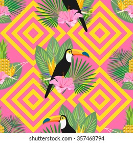 Tropical seamless pattern with palm leaves, pineapple, toucans and exotic flowers. Pink & yellow background. Vector.