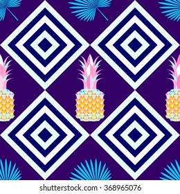 Tropical seamless pattern with palm leaves exotic flowers pineapple. Striped black and white background. Vector.