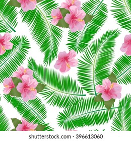 Tropical seamless pattern with palm leaves, hibiscus flowers. Geometrical chevron background. Endless exotic texture.