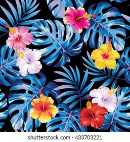Tropical seamless pattern with palm leaves and flowers. Vector illustration.
