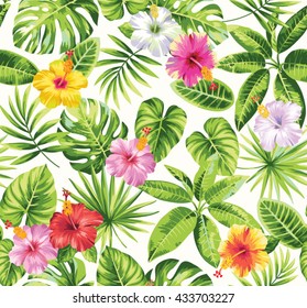 Tropical seamless pattern with palm leaves and flowers. Vector illustration.