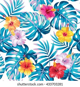 Tropical seamless pattern with palm leaves and flowers. Vector illustration.