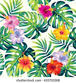 Tropical seamless pattern with palm leaves and flowers. Vector illustration.