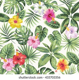 Tropical seamless pattern with palm leaves and flowers. Vector illustration.