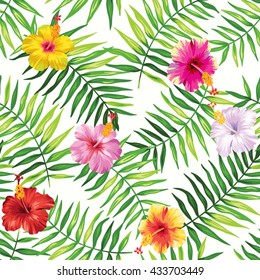 Tropical seamless pattern with palm leaves and flowers. Vector illustration.