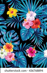 Tropical seamless pattern with palm leaves and flowers. Vector illustration.