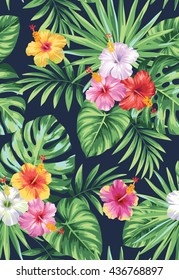 Tropical seamless pattern with palm leaves and flowers. Vector illustration.